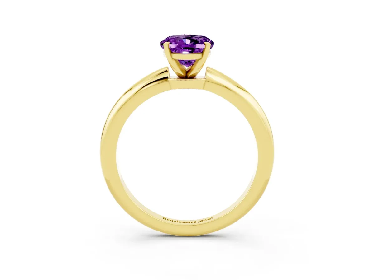 Oval Cut Amethyst Solitaire Ring with Six-Prong Setting and Classic Band Yellow gold