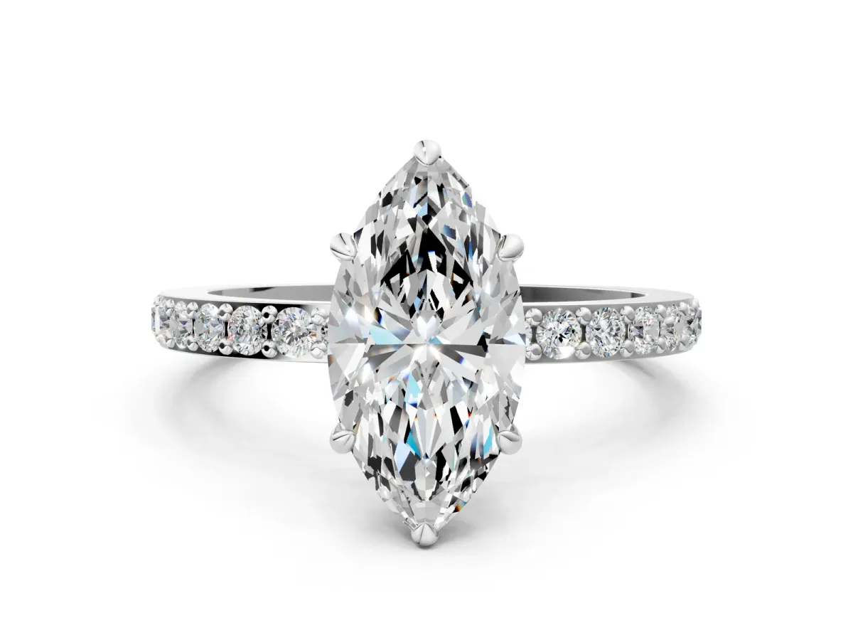 Marquise Cut Diamond Solitaire Engagement Ring with Pavé Band and Four-Prong Setting Silver