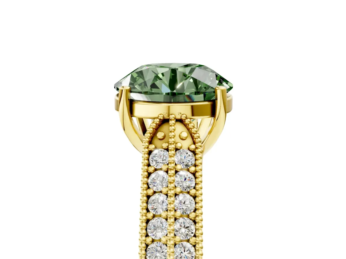 Fancy Green Round Cut Cut Pave Split Shank Engagement Ring with Four-Prong Setting Yellow gold