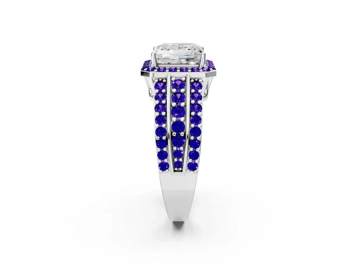 Princess Cut Halo Diamond Ring with Round Tanzanite Split Shank and Prong Setting Silver