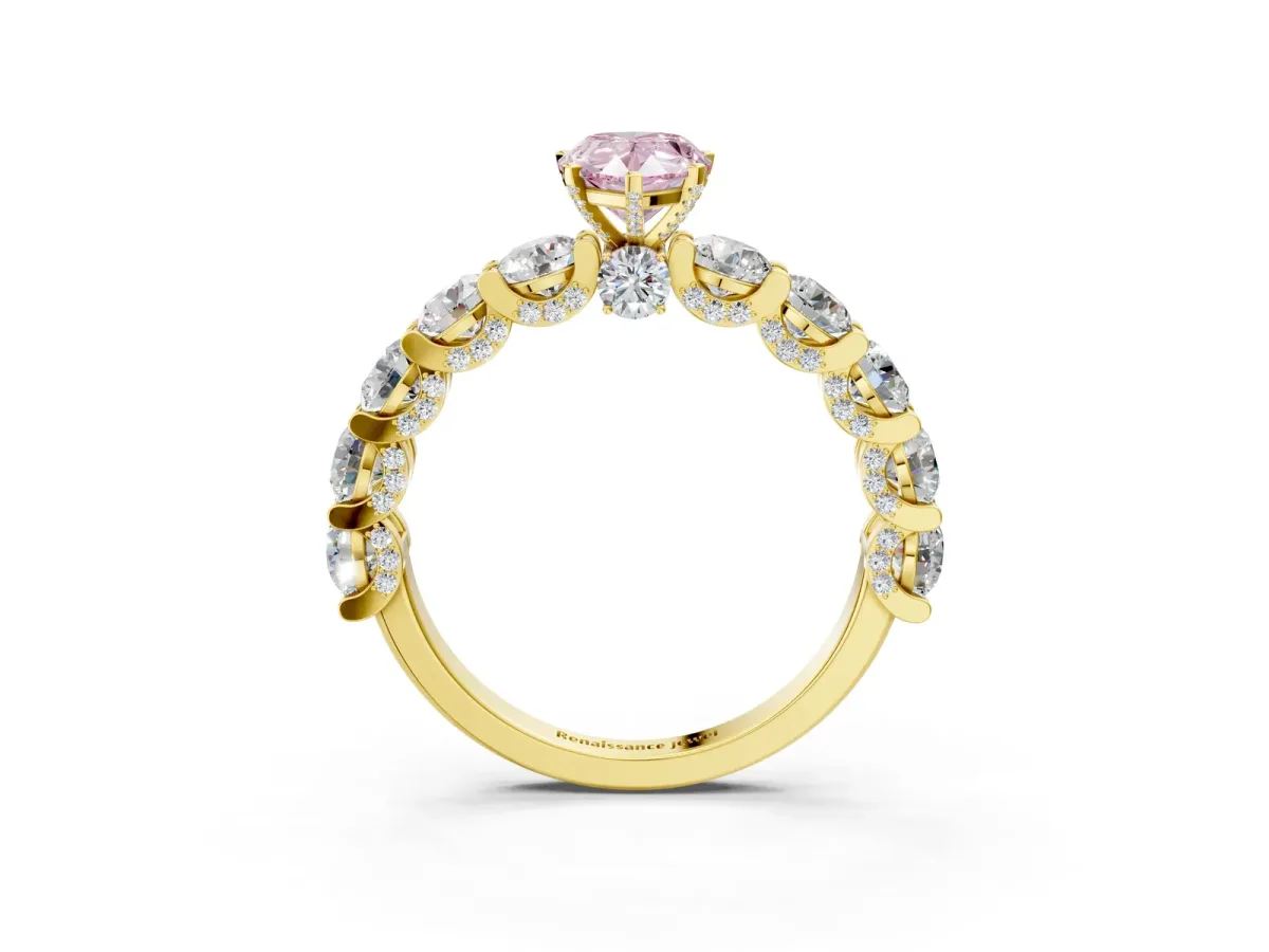 Fancy Pink Pear Cut Diamond Side Stone Engagement Ring with Four-Prong Setting Yellow gold