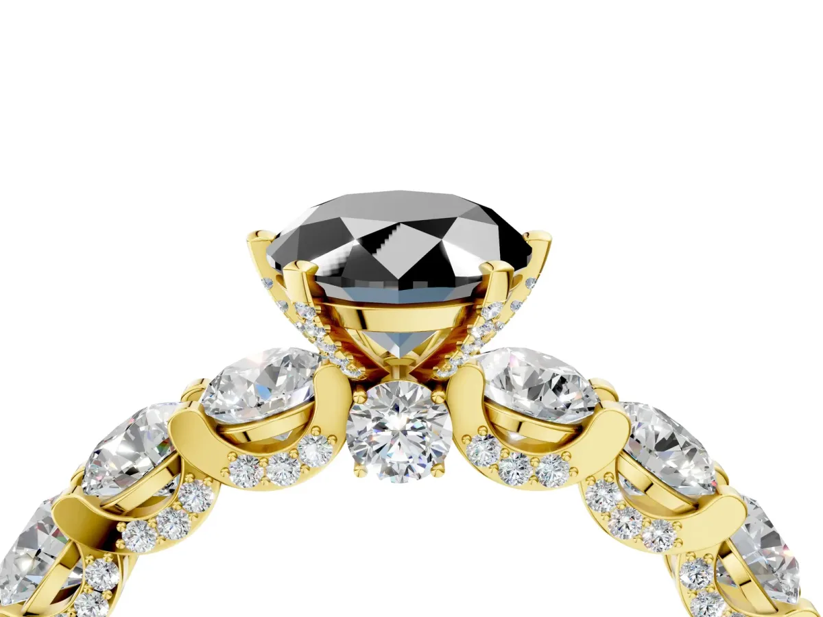 Fancy Black Oval Cut Diamond Side Stone Engagement Ring with Four-Prong Setting Yellow gold