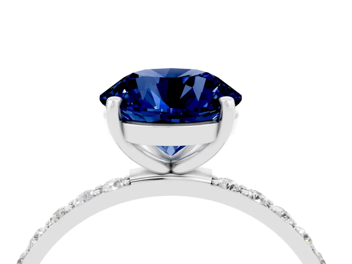 Round Cut Blue Sapphire Solitaire Ring with Round Pavé Band and Prong Setting Silver