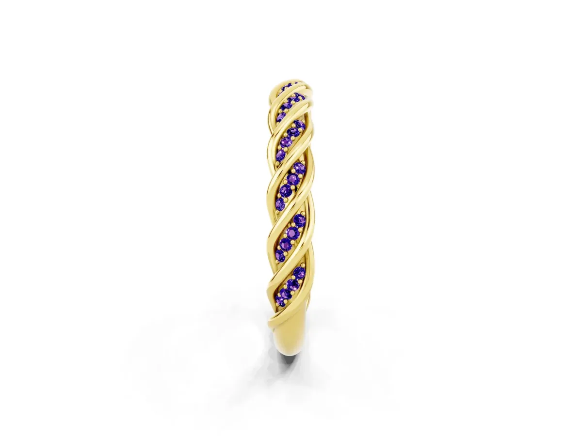 Twisted Pavé Round Tanzanite Eternity Band with Shared Prong Setting Yellow gold