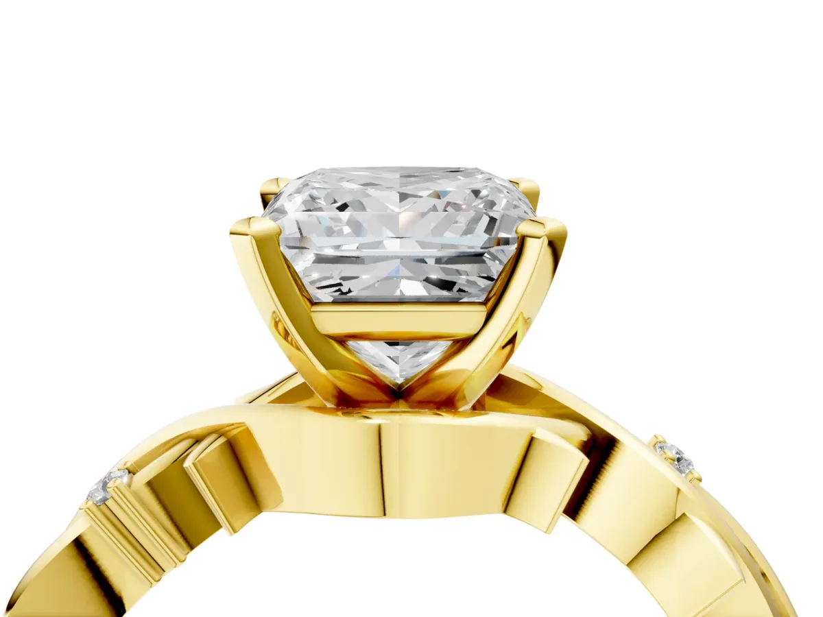 Princess Cut Diamond Solitaire Ring with Twisted Band and Prong Setting Yellow gold