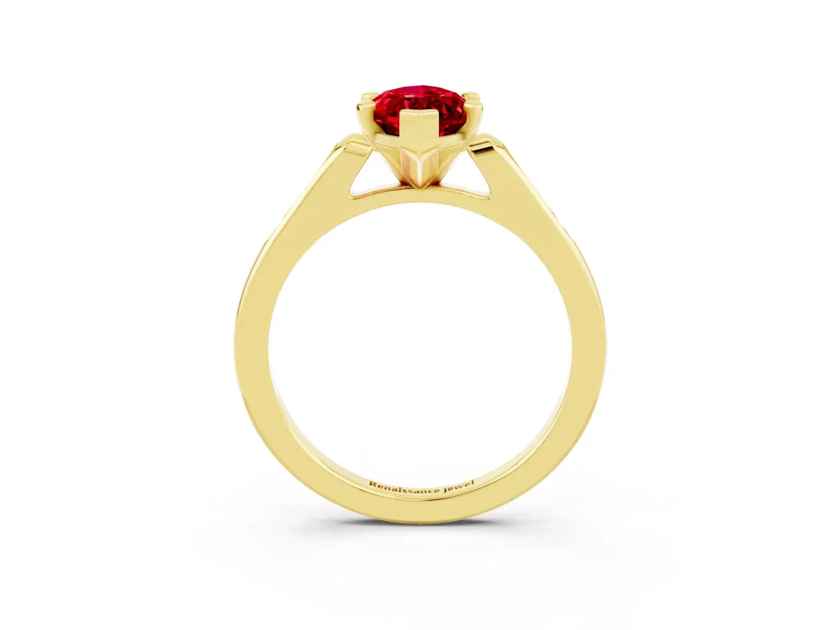 Marquise Cut Ruby Solitaire Ring with Channel Set Round Band and Prong Setting Yellow gold