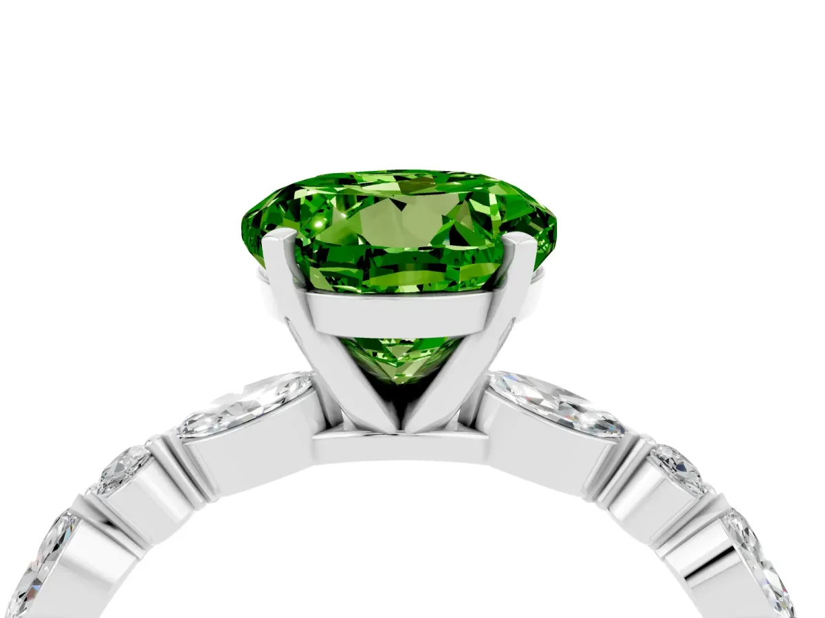 Round Cut Peridot Ring with Marquise and Round Side Stones and Four-Prong Setting Silver