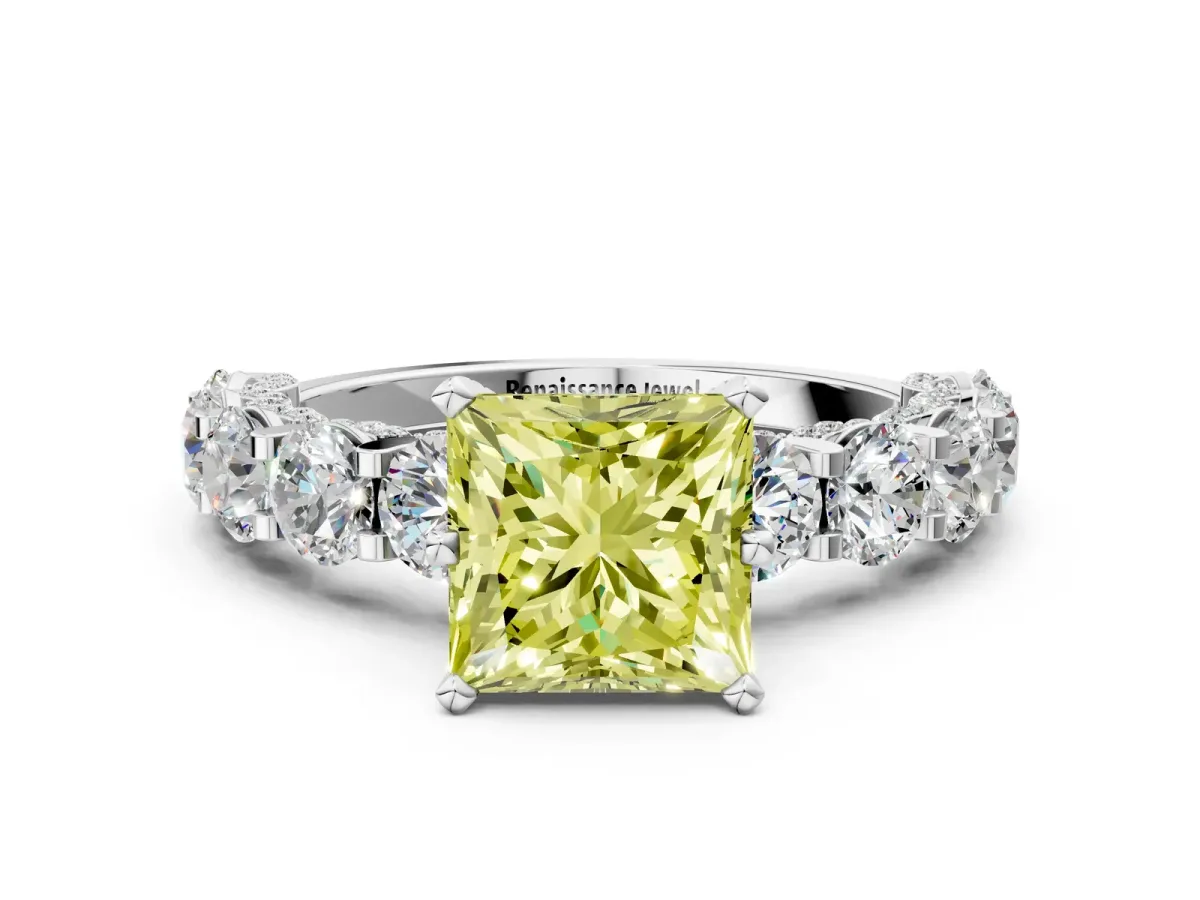 Fancy Yellow Princess Cut Diamond Side Stone Engagement Ring with Four-Prong Setting White gold