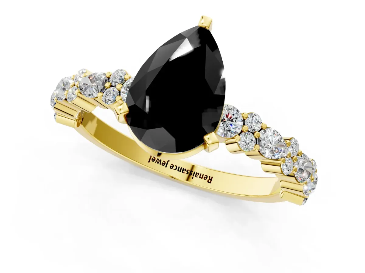 Fancy Black Pear Cut Diamond Side Stone Solitaire Ring with Round and Four-Prong Setting Yellow gold