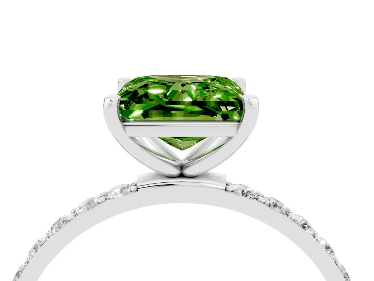 Princess Cut Peridot Solitaire Ring with Round Pavé Band and Prong Setting Silver