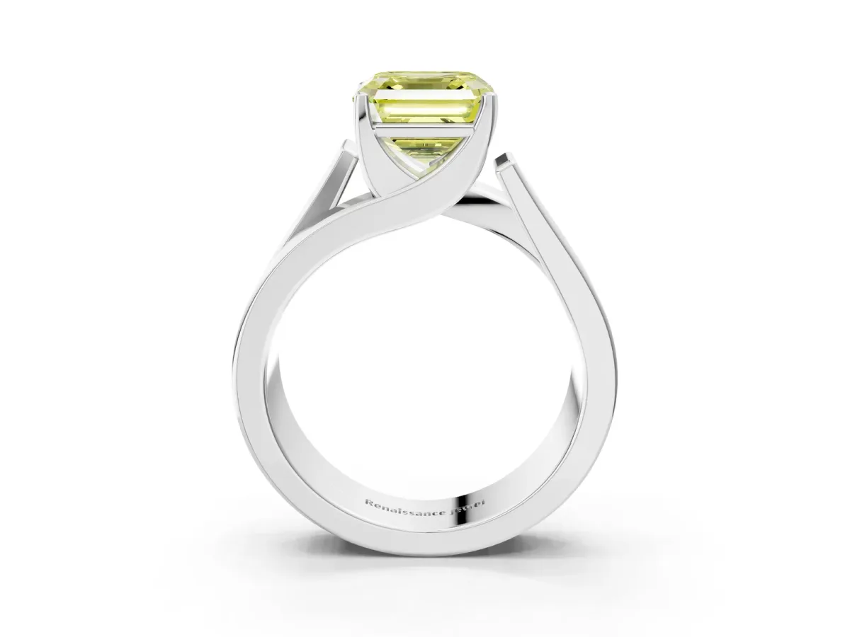 Fancy Yellow Modern Tension Set Asscher Cut Diamond Solitaire Wide Band Ring Silver