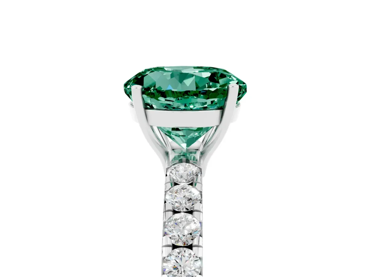 Round Cut Green Sapphire Pavé Solitaire Engagement Ring with Four-Prong Setting Silver