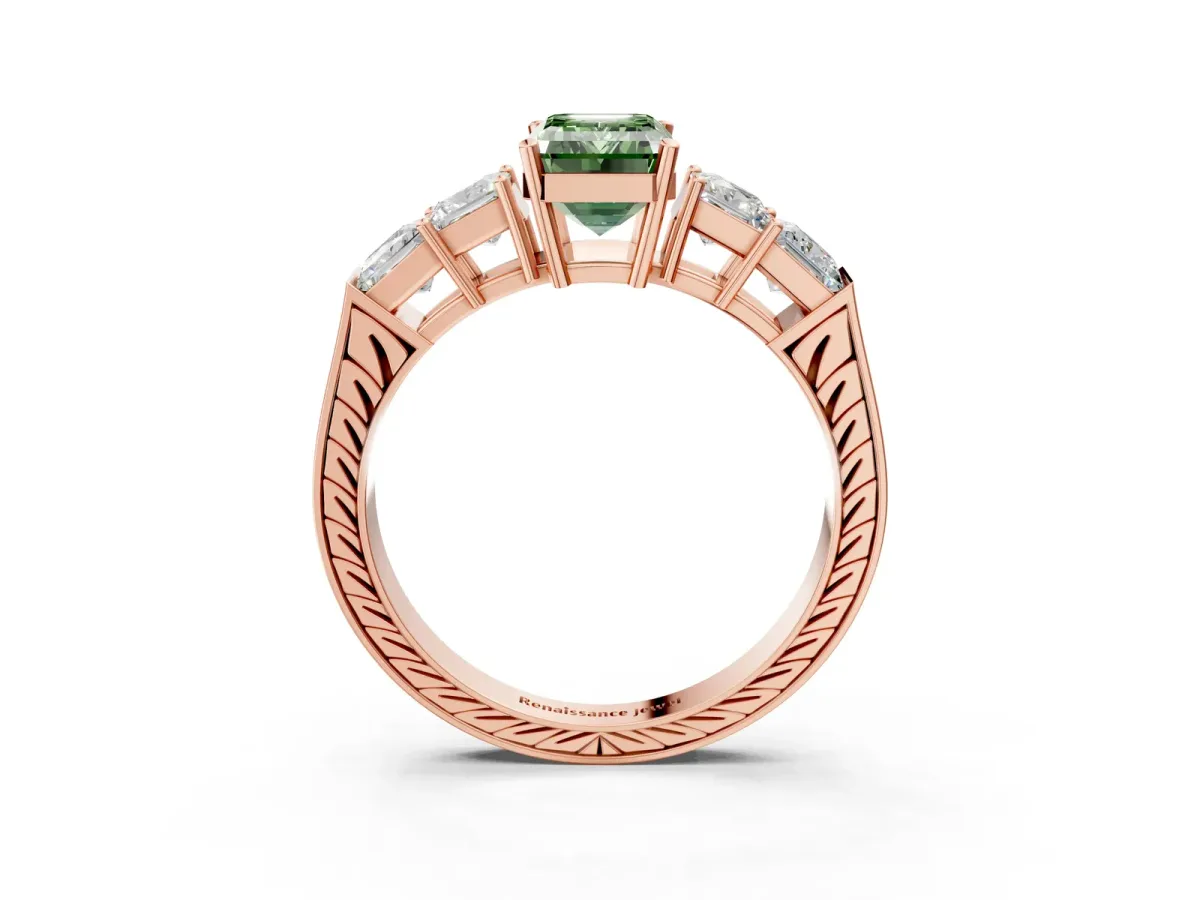 Fancy Green Emerald Cut Solitaire Princess Side Stone Engraved Band Prong Setting Ring Rose gold