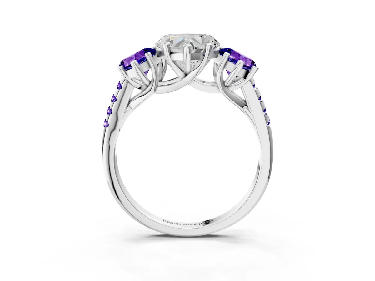 Three-Stone Heart Cut Diamond Ring with Round Tanzanite Pavé Band and Prong Setting Silver