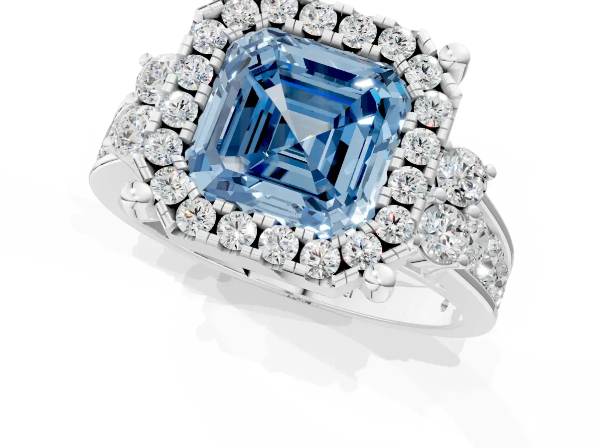 Fancy Blue Asscher Cut Halo Diamond Engagement Ring with Split Shank and Four-Prong Setting Platinum