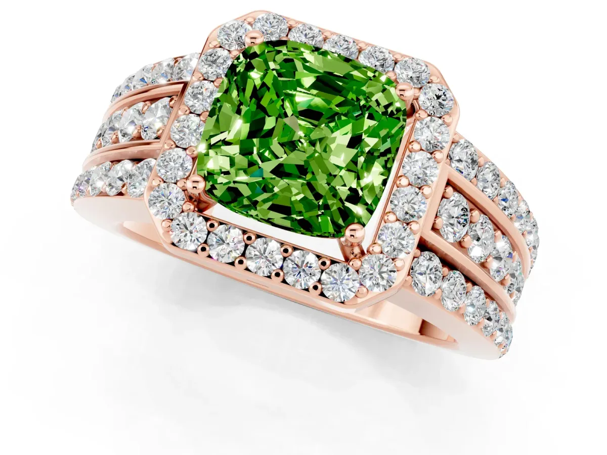 Cushion Cut Halo Peridot Ring with Round Split Shank and Prong Setting Rose gold