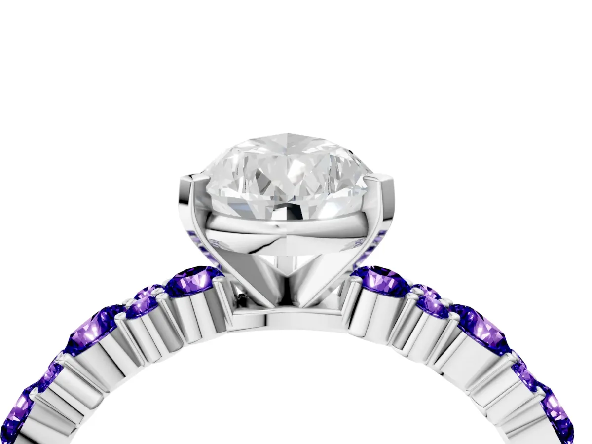 Pear Cut Diamond Side Stone Solitaire Ring with Round Tanzanite and Four-Prong Setting Silver