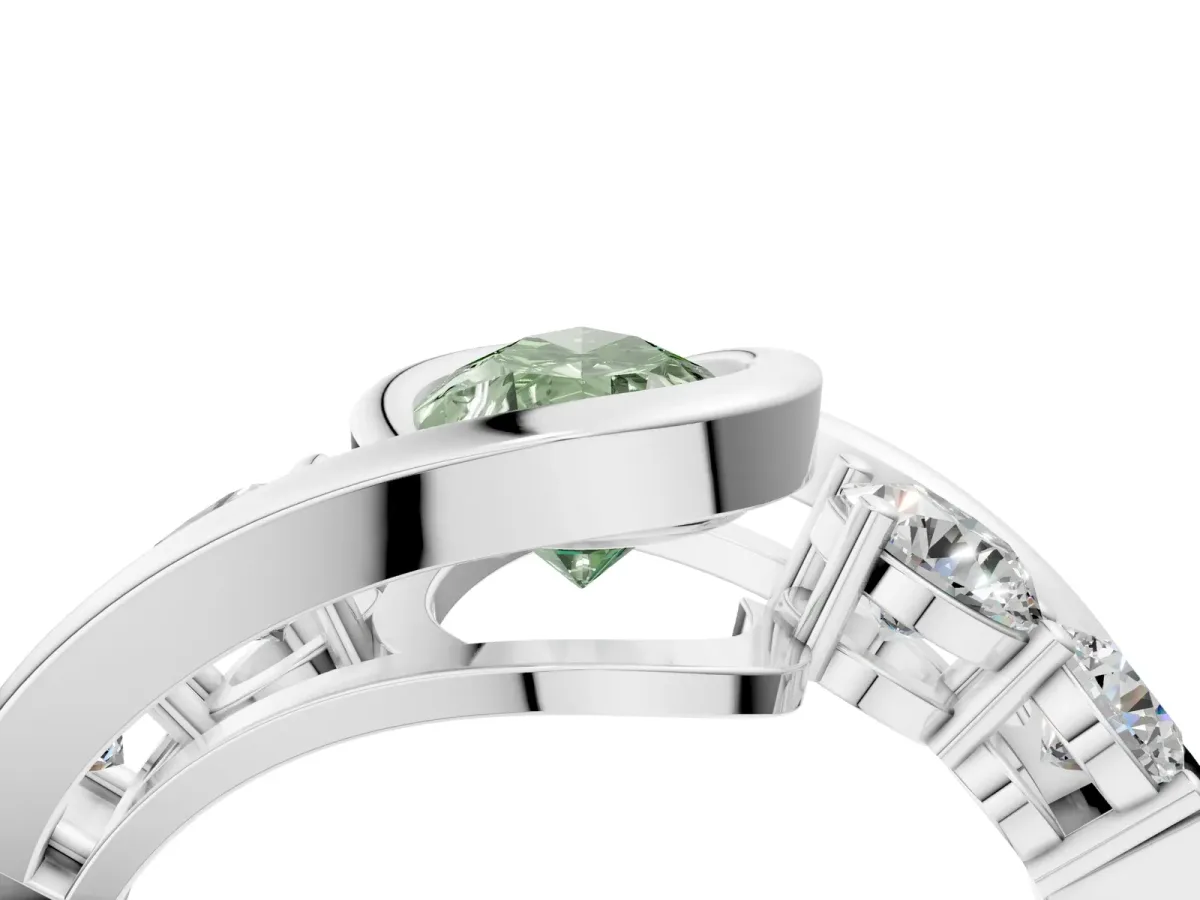 Fancy Green Bezel Set Pear Cut Diamond Bypass Ring with Round Accents Silver