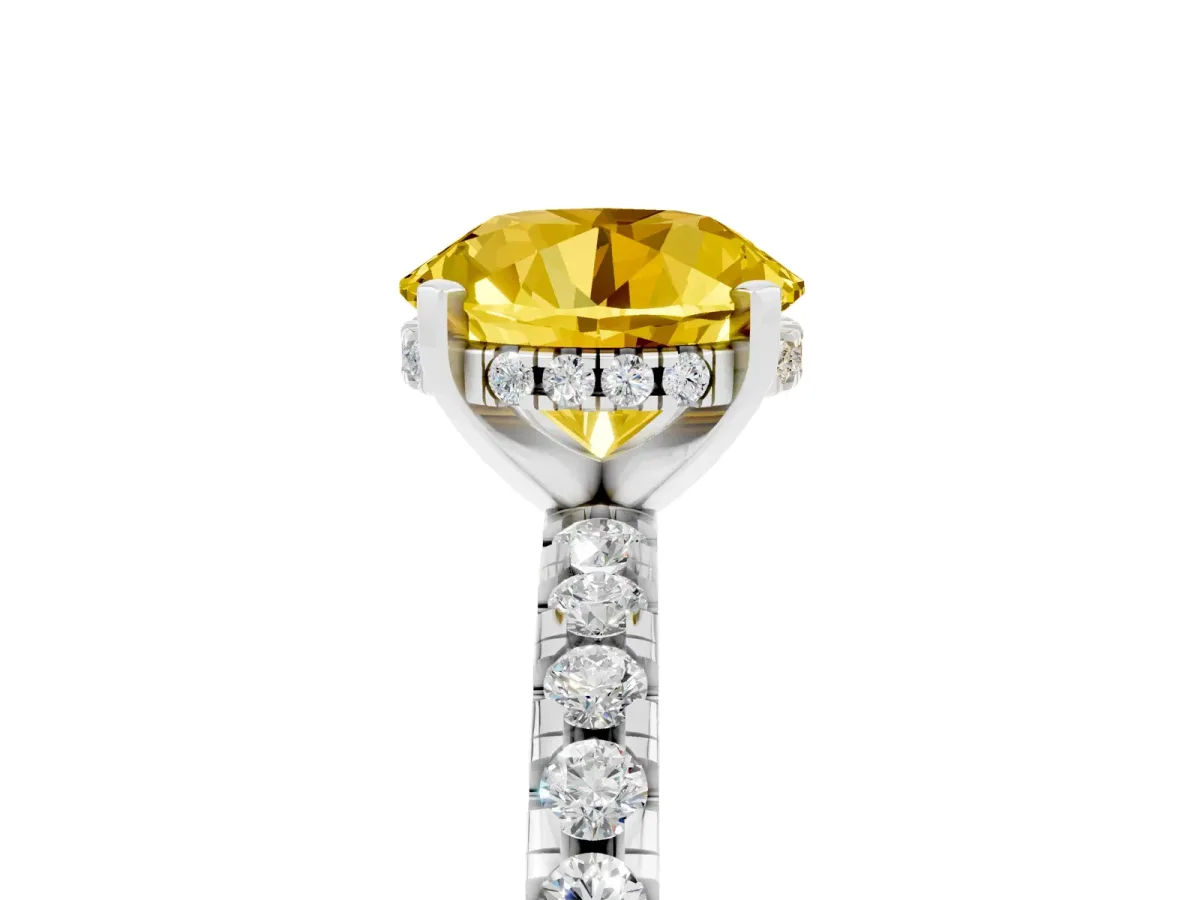 Round Cut Yellow Sapphire Solitaire Ring with Round Pavé Band and Four-Prong Setting Silver