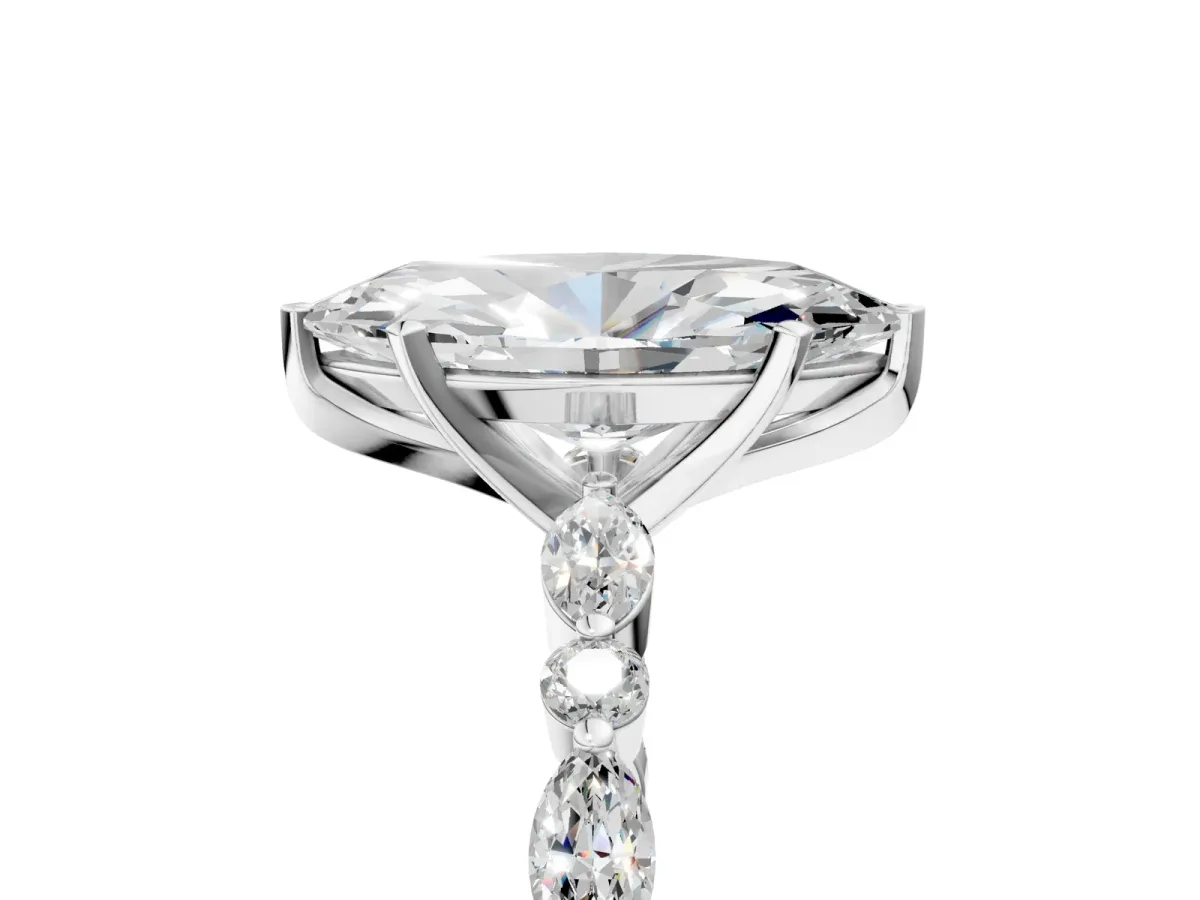 Marquise Cut Diamond Ring with Marquise and Round Side Stones and Four-Prong Setting Silver