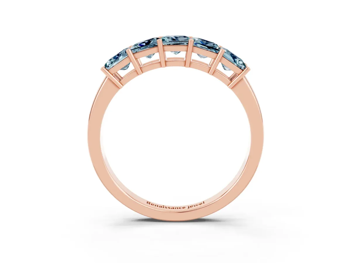 Princess Cut Five-Stone Aquamarine Band with Prong Setting Rose gold