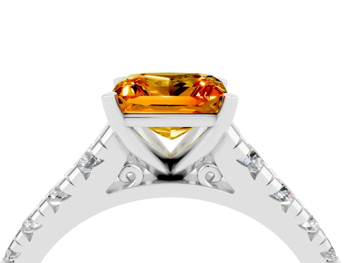 Princess Cut Citrine Cathedral Solitaire Ring with Round Pavé Band Silver