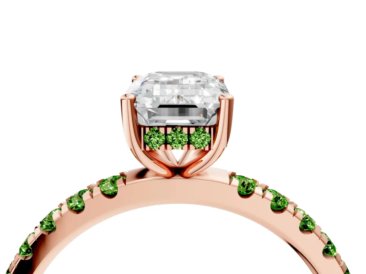 Emerald Cut Diamond Pave Band Solitaire Ring with Round Peridot and Prong Setting Rose gold