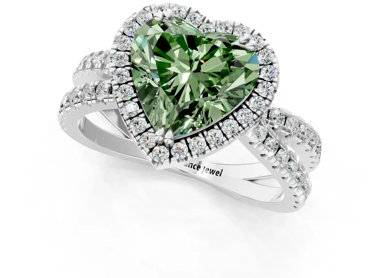 Fancy Green Heart Cut Halo Split Shank Diamond Ring with Pavé Setting Platinum