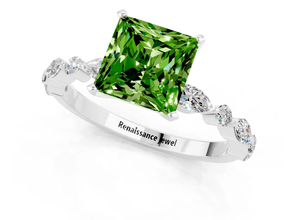 Princess Cut Peridot Ring with Marquise and Round Side Stones and Four-Prong Setting Silver
