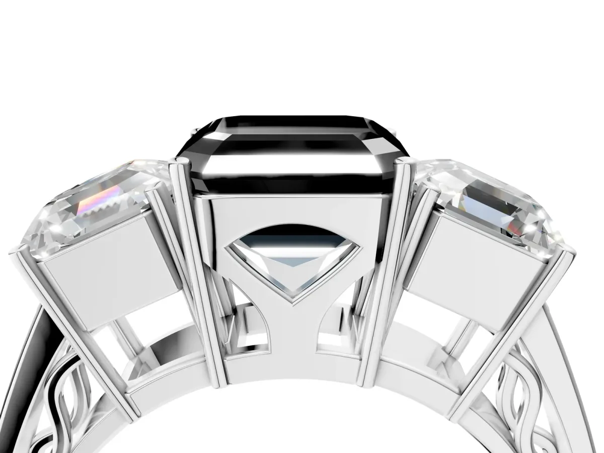 Fancy Black Asscher Cut Diamond Three-Stone Ring with Prong Setting and Textured Band Platinum