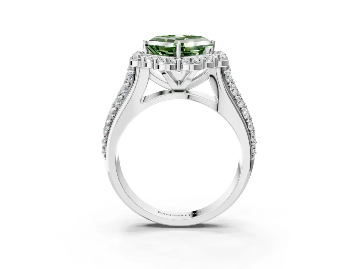 Fancy Green Asscher Cut Halo Diamond Engagement Ring with Split Shank and Prong Setting Platinum