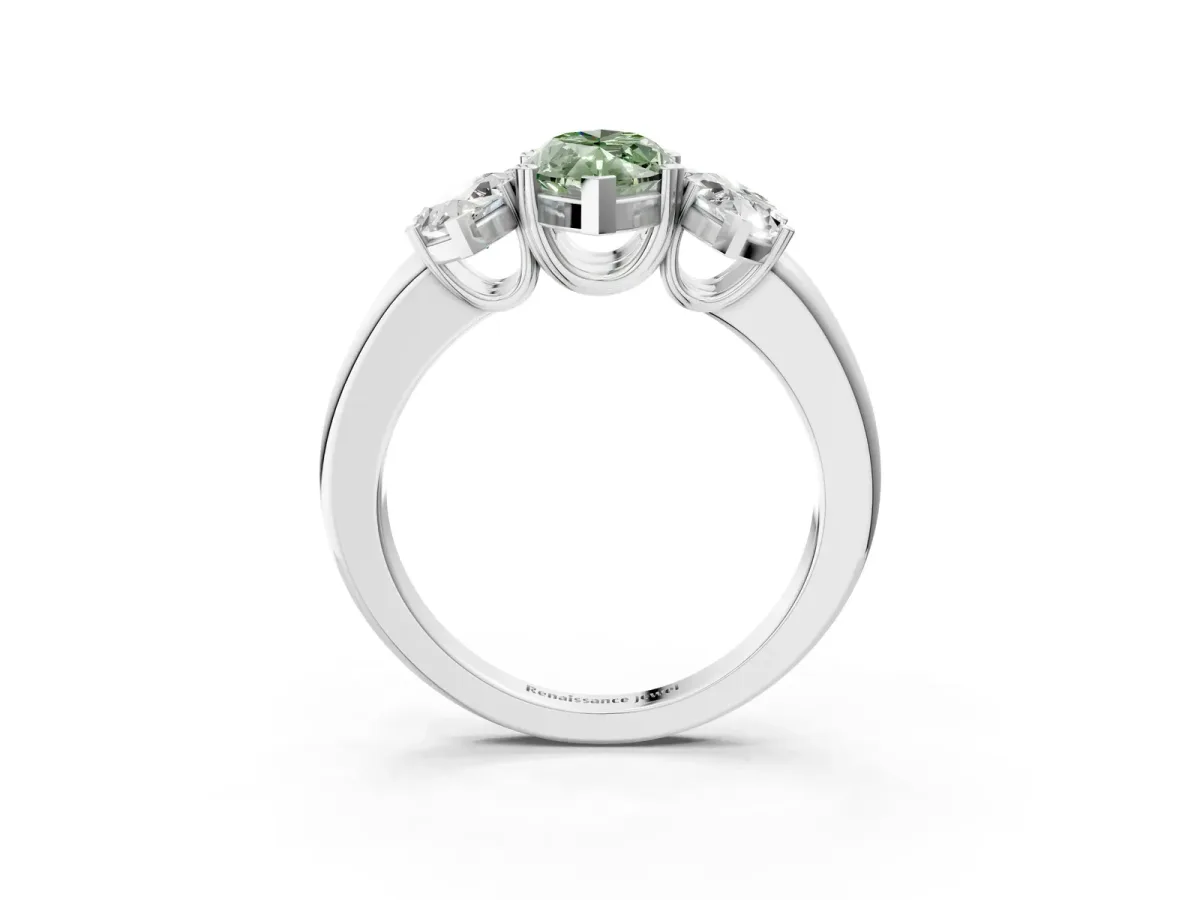Fancy Green Three-Stone Marquise Cut Cut Diamond Ring with Channel Set Band and Four-Prong Setting Silver