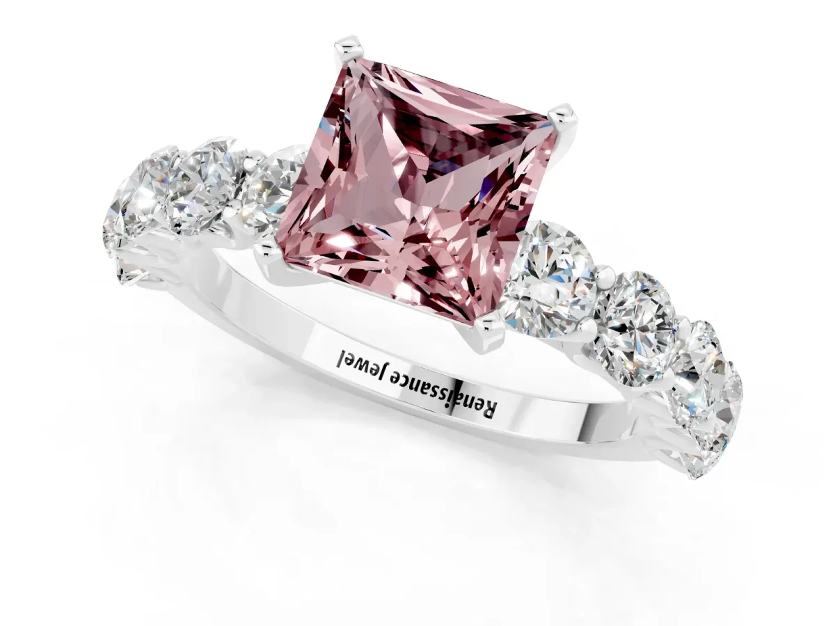 Princess Cut Morganite Prong Setting with Side Stones on a Pave Band Silver