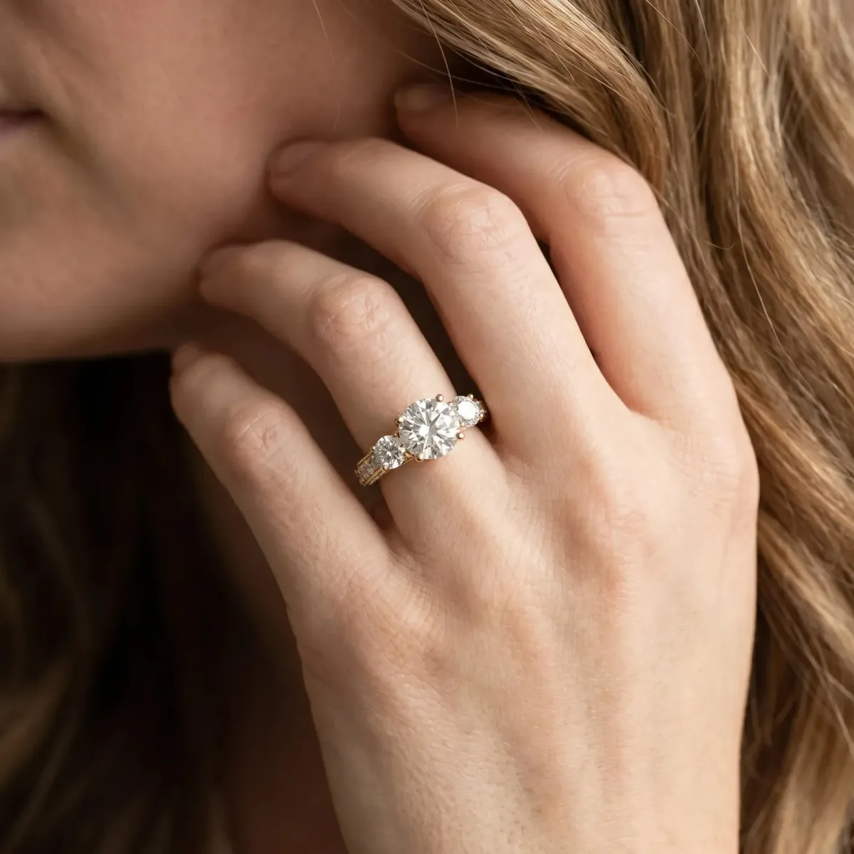 Three-Stone Round Cut Cut Diamond Engagement Ring with Split Shank and Prong Setting Yellow gold