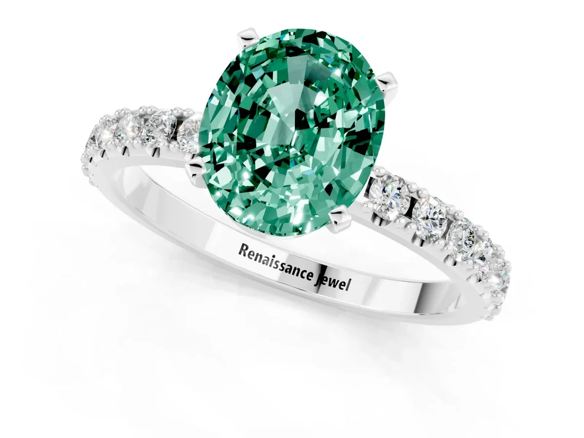 Oval Cut Green Sapphire Solitaire Pavé Band with Four-Prong Setting Silver