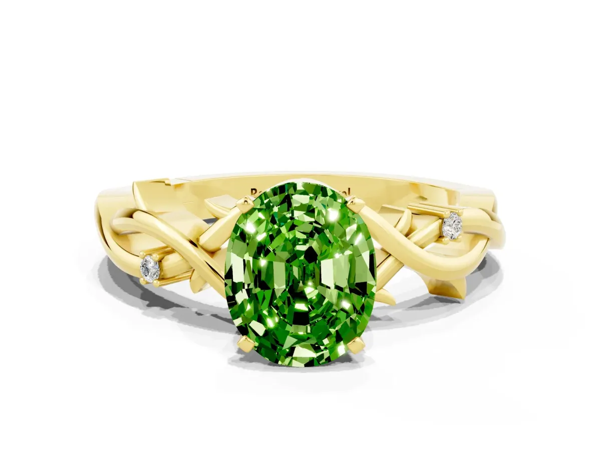 Oval Cut Peridot Solitaire Ring with Twisted Band and Prong Setting Yellow gold