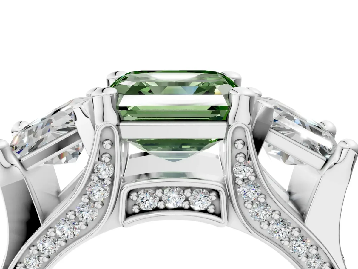 Fancy Green Asscher Cut Diamond Three-Stone Ring with Channel Set Band and Four-Prong Setting Platinum