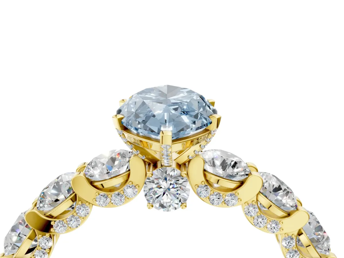 Fancy Blue Marquise Cut Diamond Side Stone Engagement Ring with Four-Prong Setting Yellow gold