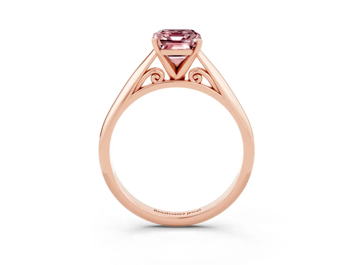 Emerald Cut Morganite Solitaire Engagement Ring with Cathedral Setting and Four-Prong Mount Rose gold