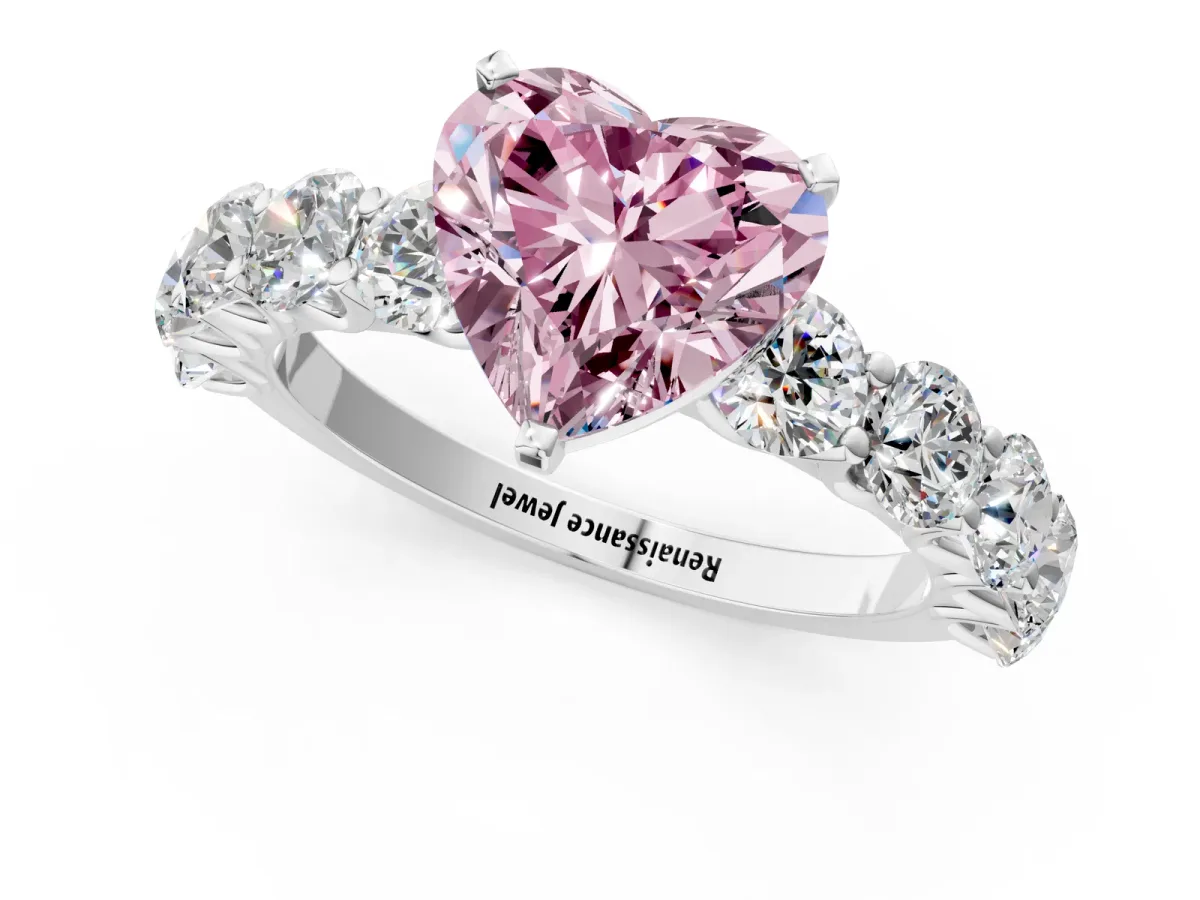 Fancy Pink Heart Cut Diamond Prong Setting with Side Stones on a Pave Band Silver