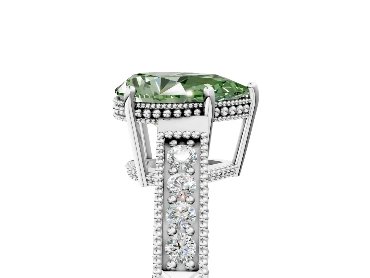 Fancy Green Pear Cut Diamond Ring with Milgrain Pavé Band and Four-Prong Setting Platinum