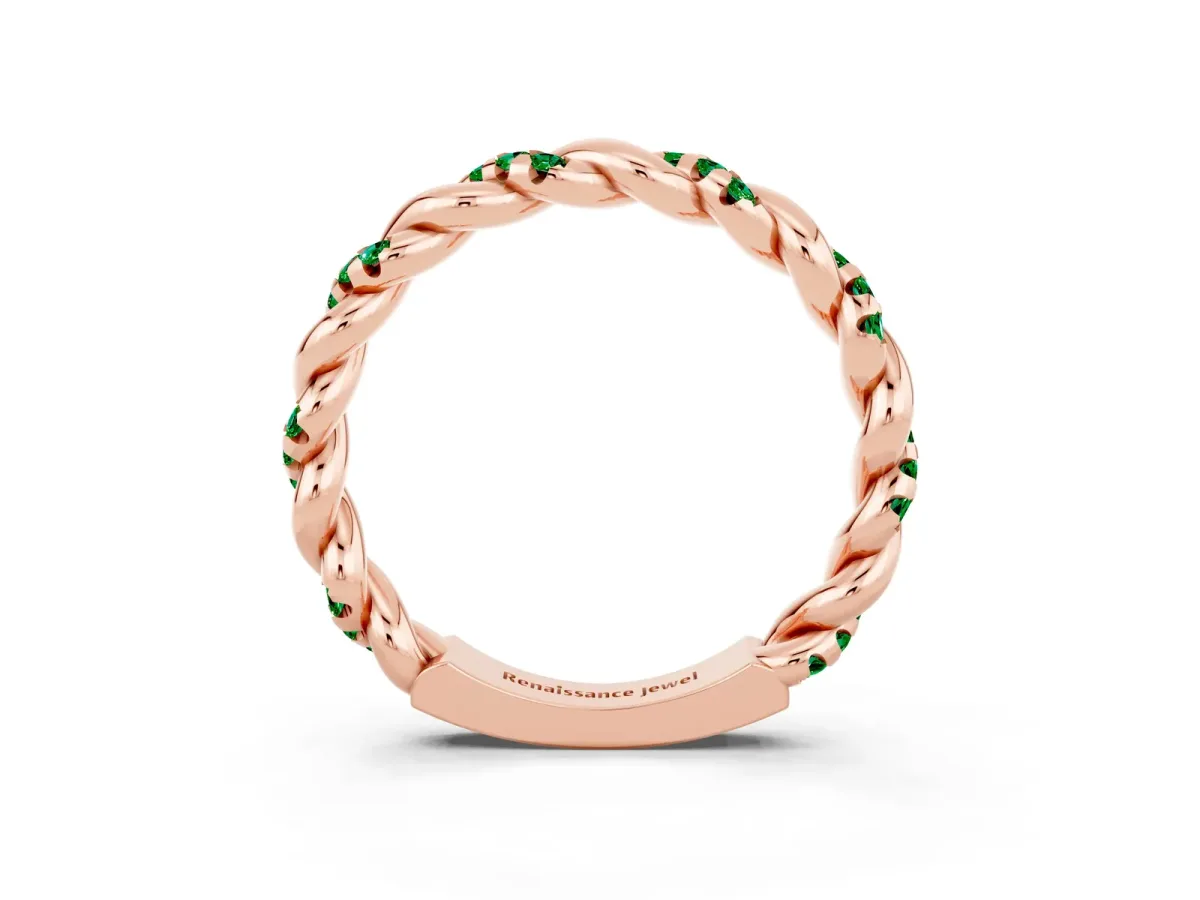 Twisted Pavé Round Emerald Eternity Band Rose gold