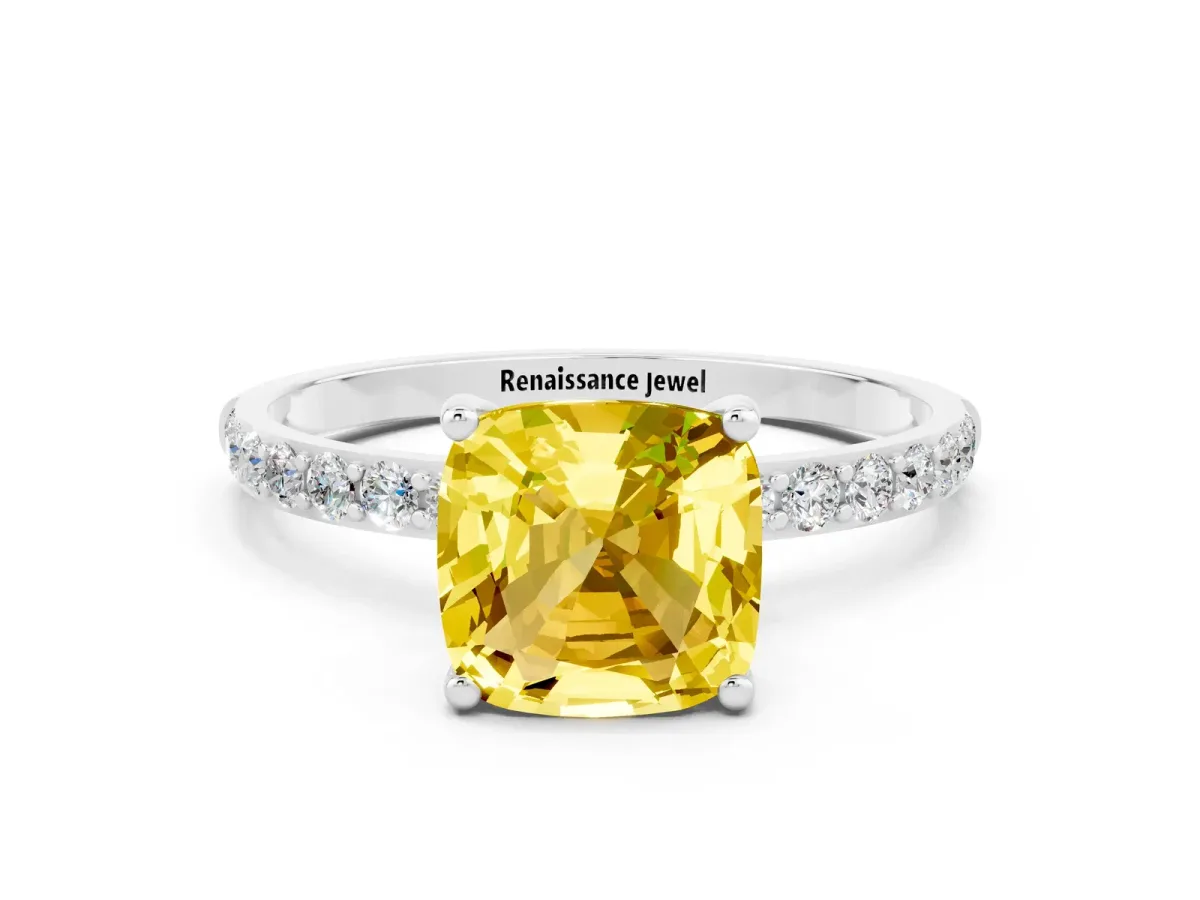 Cushion Cut Yellow Sapphire Solitaire Ring with Round Pavé Band and Prong Setting Silver