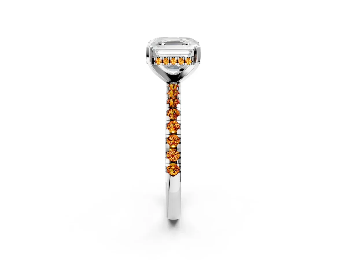 Asscher Cut Diamond Solitaire Ring with Round Citrine Pavé Band and Four-Prong Setting Silver