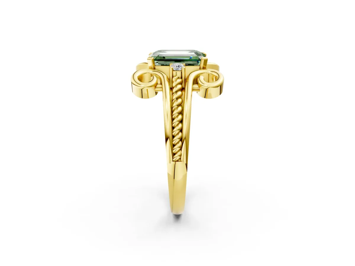 Fancy Green Emerald Cut Solitaire Twisted Band Scroll Prong Ring Yellow gold