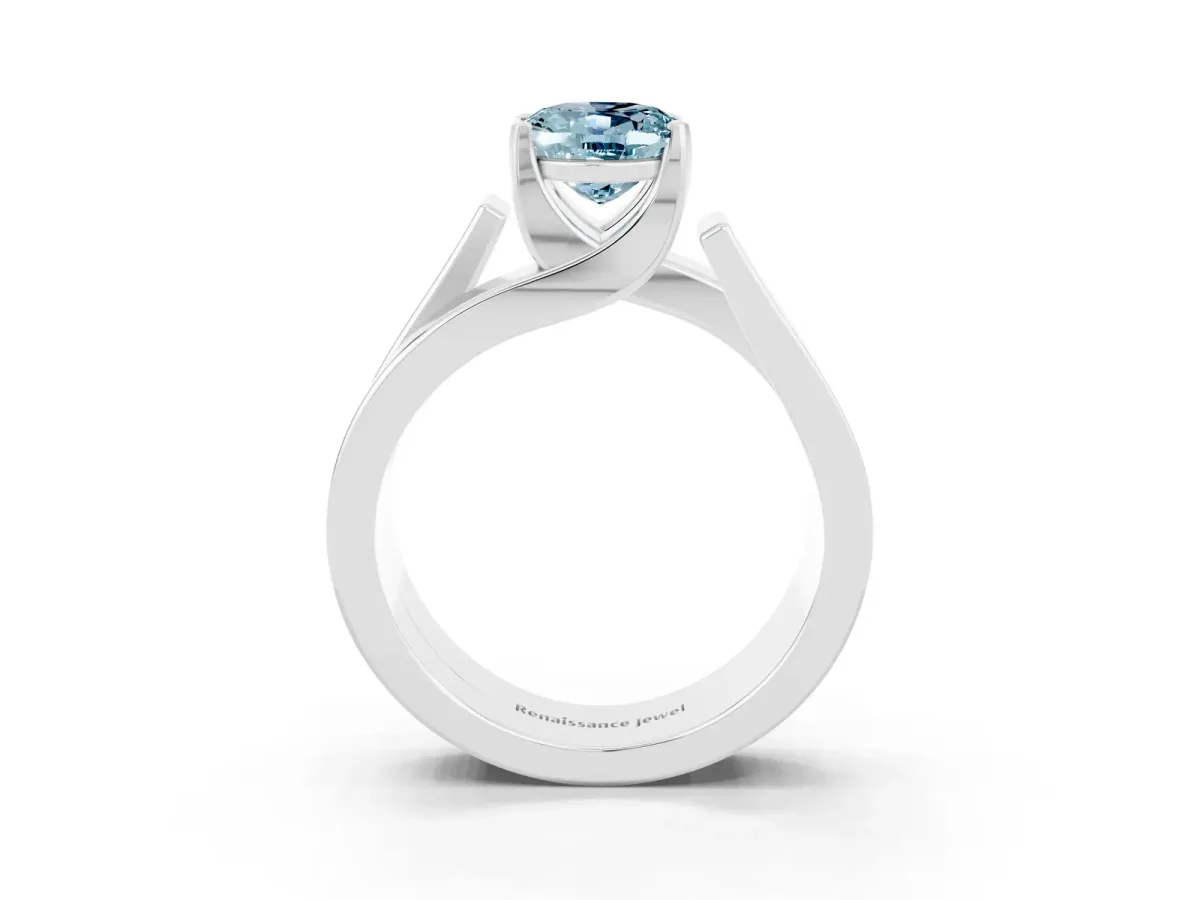 Modern Tension Set Oval Cut Aquamarine Solitaire Wide Band Ring Silver