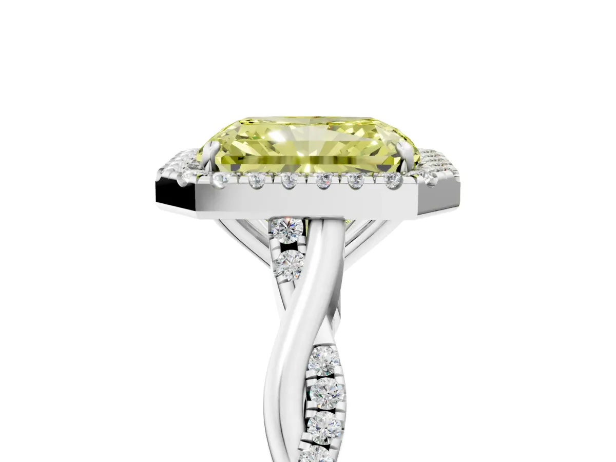 Fancy Yellow Radiant Cut Halo Twist Band Solitaire Ring Platinum