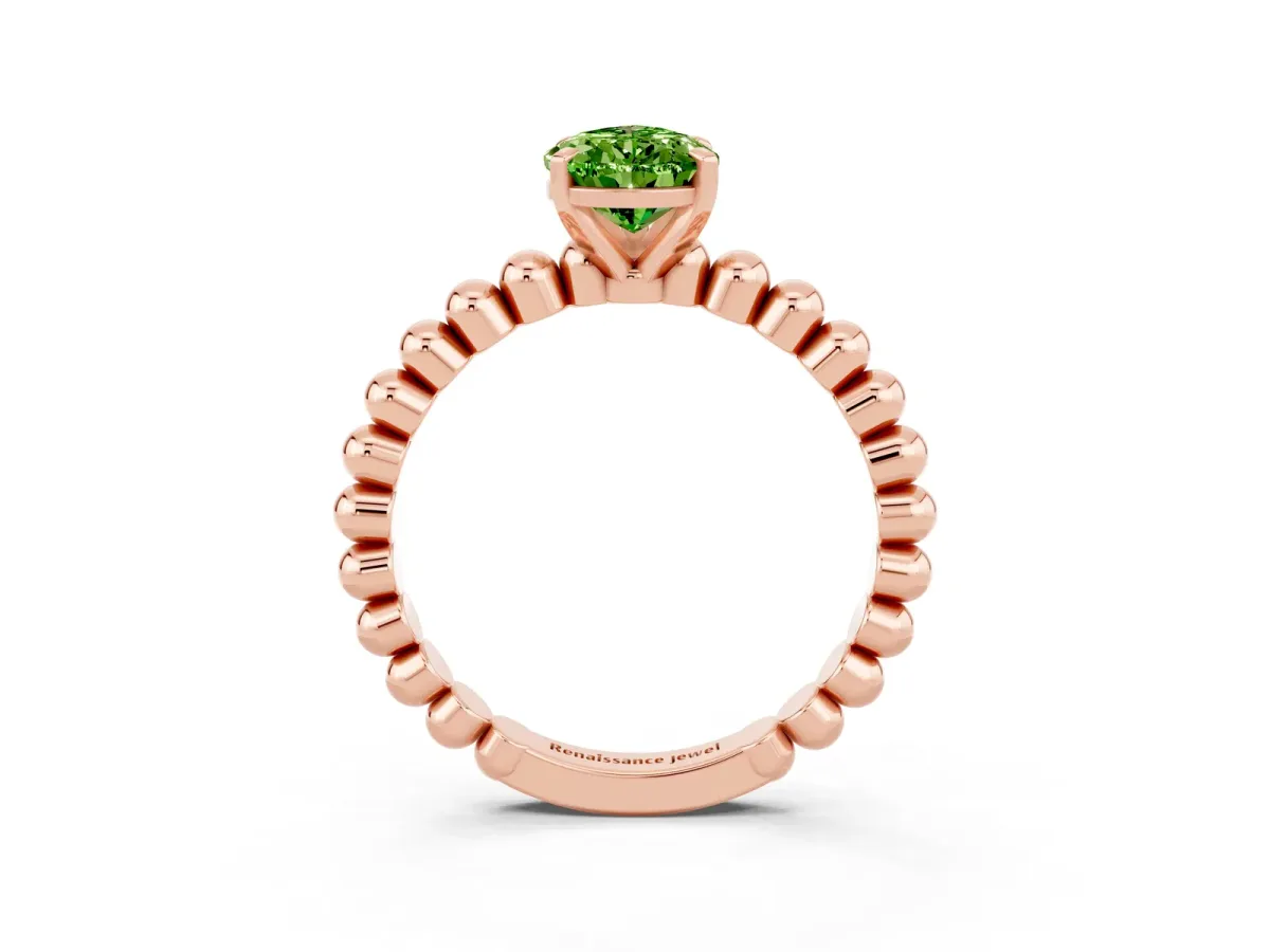 Pear Cut Peridot Solitaire Ring with Beaded Band and Prong Setting Rose gold
