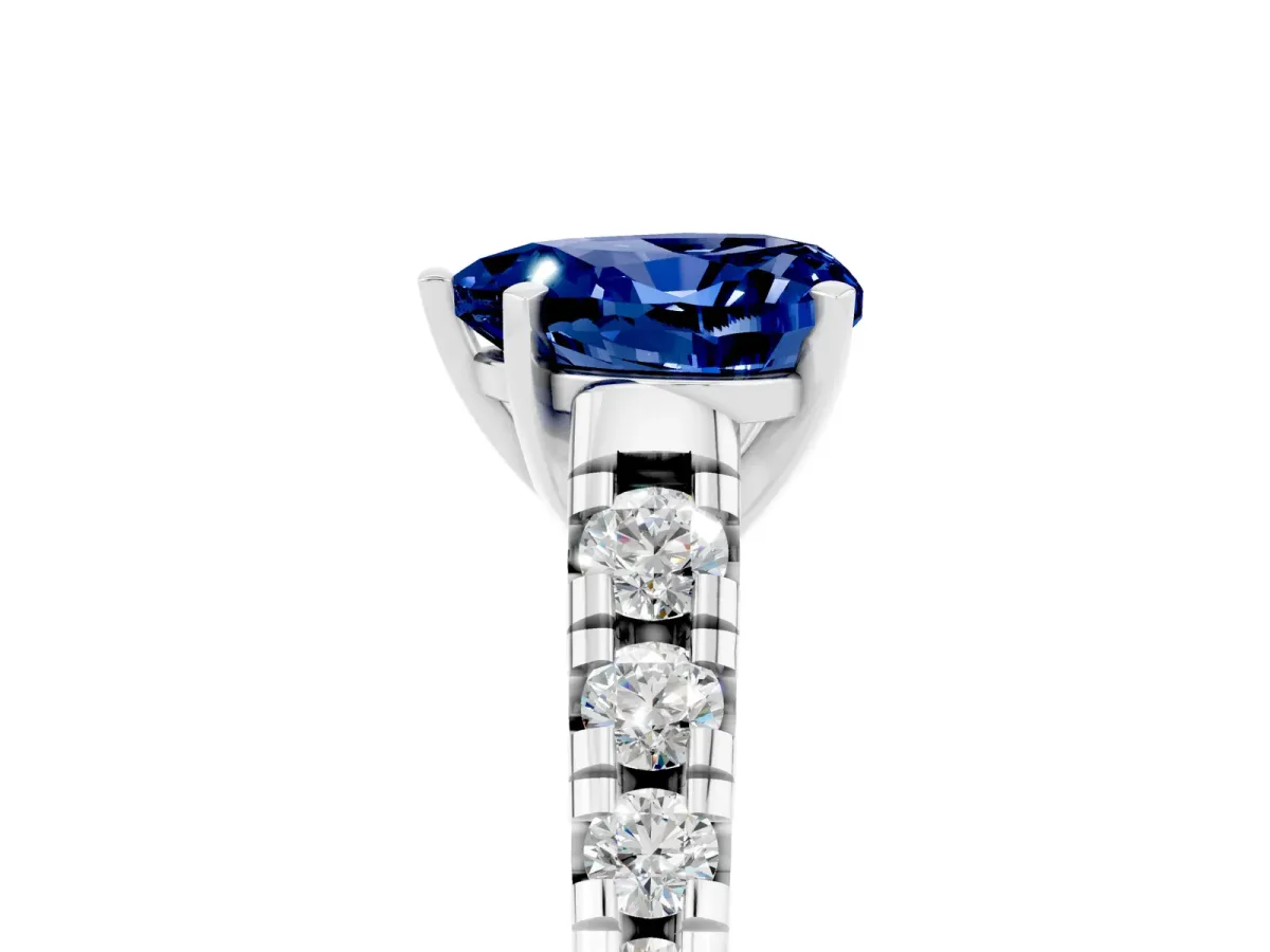 Heart Cut Blue Sapphire Cathedral Solitaire Ring with Round Pavé Band Silver