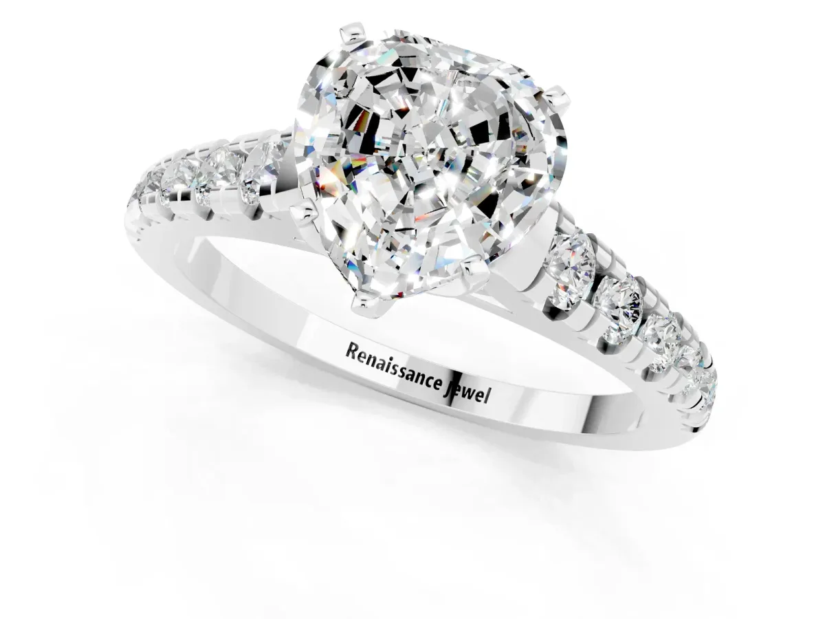 Heart Cut Moissanite Cathedral Solitaire Ring with Round Pavé Band Silver